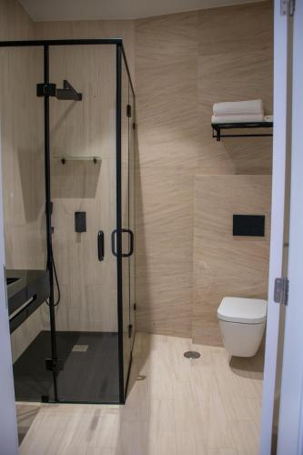 a bathroom with a shower and a toilet at 5ª Vigia in Porto de Mós
