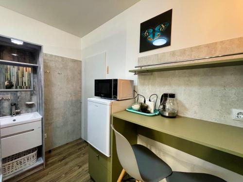 加里寧格勒的住宿－Самый центр Хостел，一间带绿色柜台和微波炉的小厨房