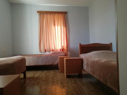 a hotel room with two beds and a window at Farmer's house in Vashlovani / ფერმერის სახლი ვაშლოვანში in Dedoplis Tskaro