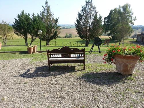 a bench in a park with a potted plant at Wine Resort Colsereno in Montalcino