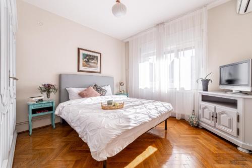 a white bedroom with a bed and a television at NALA Central Apartment in Arad