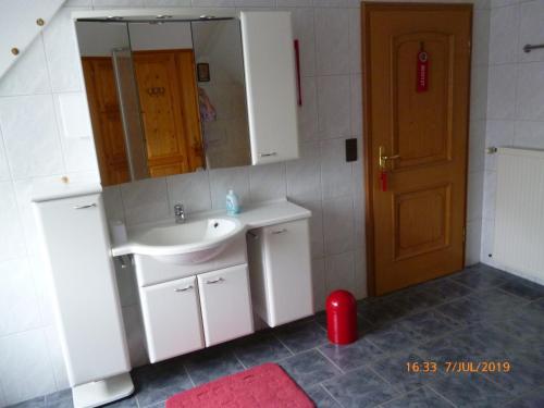 ein Badezimmer mit einem Waschbecken, einem Spiegel und einer Tür in der Unterkunft Privatpension Biker-Stop - [#25217] in Lathen
