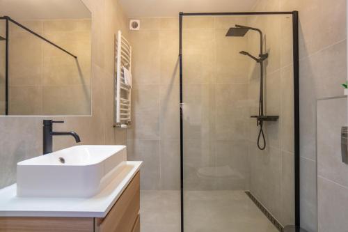 a bathroom with a shower and a white sink at Karkonosky Apartamenty - Izery in Szklarska Poręba