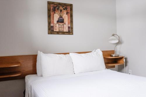 Un dormitorio con una cama blanca y una foto en la pared en Paradise Motel, en Sicamous