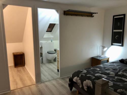 a bedroom with a bed and a bathroom with a toilet at Appartement Cosy 600m Gare - étage 3 - balcon et calme - TV - wifi in Bernay