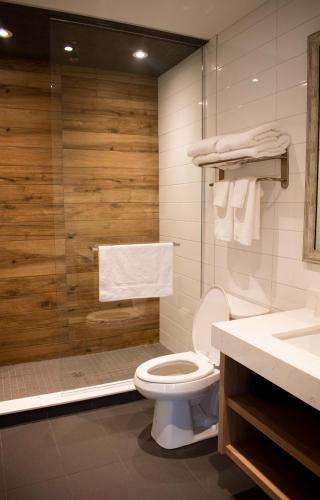 a bathroom with a toilet and a glass shower at Colonial Hotel & Suites in Grand Bend