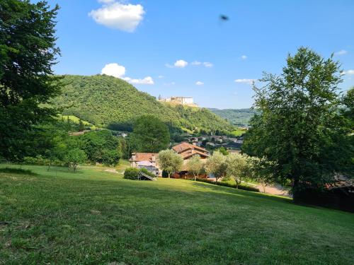 a green field with trees and a hill in the background at Casa Rivetta in Valmareno