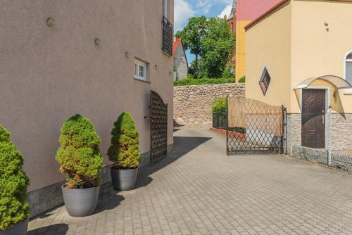 a building with two trees in pots next to a building at Willa Borowski in Barlinek