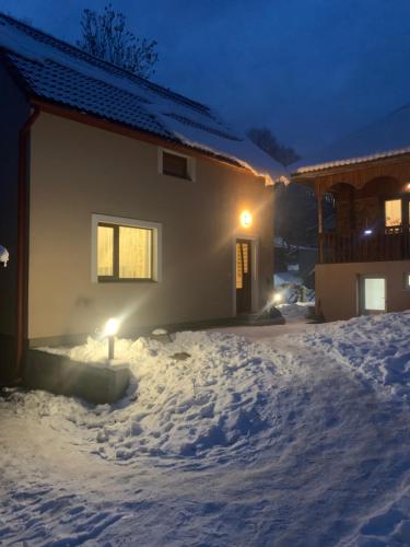 a house in the snow at night at Котедж in Podobovets