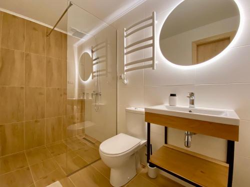 a bathroom with a toilet and a sink and a mirror at Shepit Pruta in Yaremche