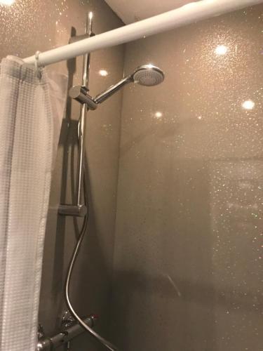 a shower in a bathroom with a shower curtain at Spacious Entire Two Double Bedrooms Flat, N 3 in Great Yarmouth