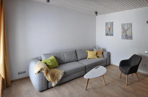 a living room with a gray couch and a chair at Котедж у горах "Місце Сили" in Vorokhta