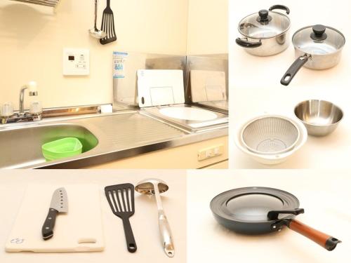 a collage of pictures of kitchen utensils on a counter at Guesthouse Kyoto-Yamashina in Kyoto