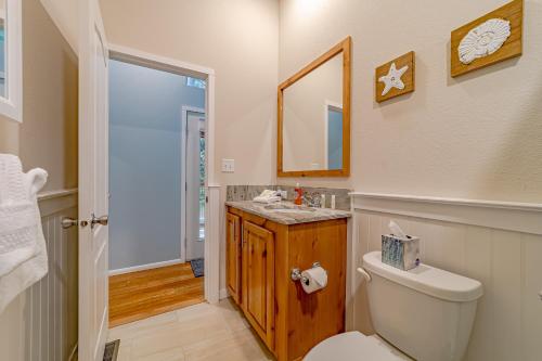 ein Badezimmer mit einem WC, einem Waschbecken und einem Spiegel in der Unterkunft Spruce Creek Cottage in Trinidad