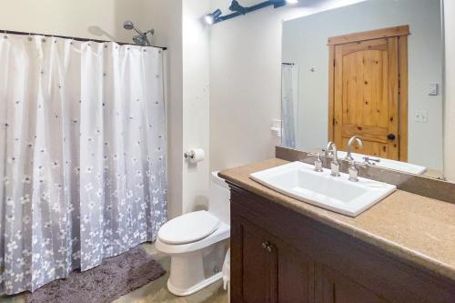 łazienka z umywalką, toaletą i zasłoną prysznicową w obiekcie Alpine Trails Lodge w mieście Snoqualmie Pass