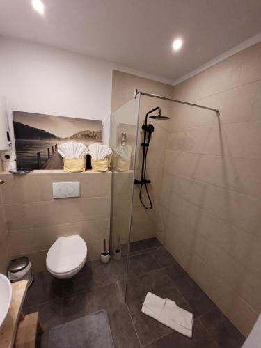 a bathroom with a shower and a toilet and a sink at Cool Studio - Apartment in Gosau - Hallstatt - Wellness and Pool included in Gosau