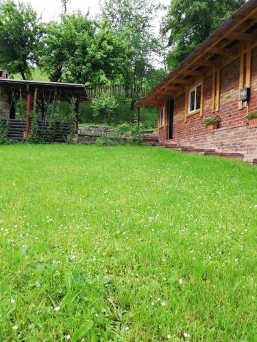 a yard in front of a brick house at Casuta Azughia in Azuga