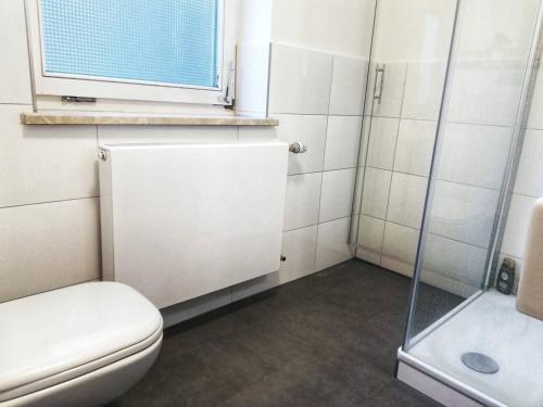 La salle de bains est pourvue de toilettes et d'une douche en verre. dans l'établissement Vacation Apartment Near The Black Forest, à Villingen-Schwenningen