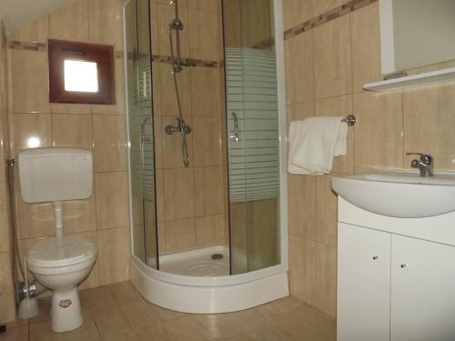 a bathroom with a shower and a toilet and a sink at Helen Vama Veche in Vama Veche