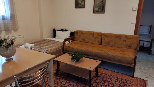 a living room with a couch and a table at Zisis Garden Studios in Ioannina