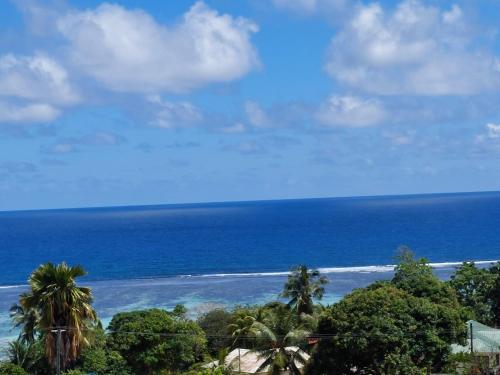 a view of the ocean with palm trees in the foreground at La Vida Selfcatering Apartements in Mahe
