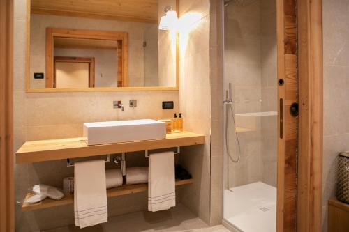 a bathroom with a sink and a shower at Al Capriolo in Vodo Cadore
