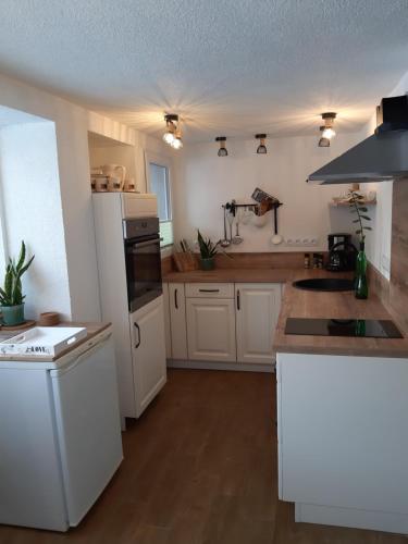 een keuken met witte kasten en een witte koelkast bij Apartment by Tanja&Nejc in Bled