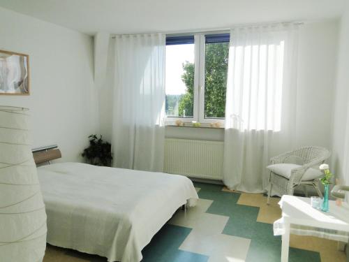 ein weißes Schlafzimmer mit einem Bett und einem Fenster in der Unterkunft Ferienwohnungen Steinhof-Littmann in Kippenheim