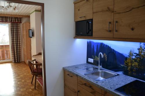 eine Küche mit einer Spüle und einer Mikrowelle in der Unterkunft Lassingbauer in Lassing