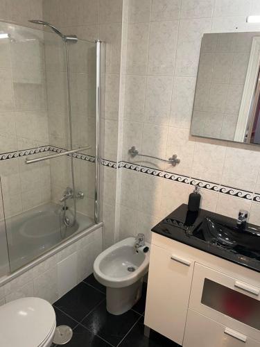 uma casa de banho com um lavatório, um WC e um chuveiro em Apartamento Parque del Oeste em Oviedo