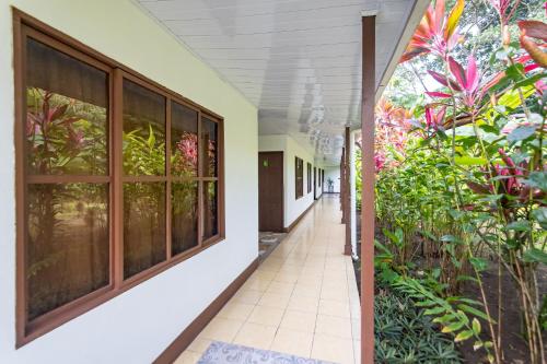 an internal corridor of a building with plants at Hotel Tortuguero Beachfront in Tortuguero