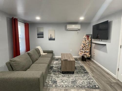 Veda Inn & Cottages في ماجي فالي: غرفة معيشة مع أريكة وشجرة عيد الميلاد