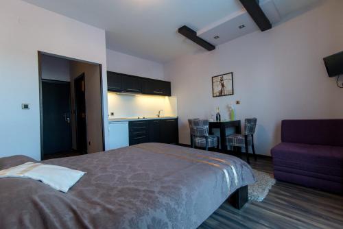 1 Schlafzimmer mit einem Bett, einer Küche und einem Tisch in der Unterkunft Divčibarski Vajati in Divčibare