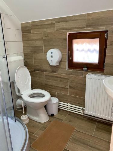 a bathroom with a toilet and a sink and a window at Casa Mocanu in Sărmaş