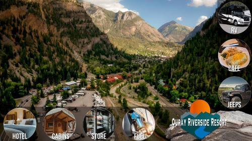 a collage of photos of a valley with mountains at Ouray Riverside Resort - Inn & Cabins in Ouray