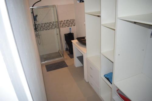 uma pequena casa de banho com um chuveiro e um lavatório. em Equinox Kite Villa em La Gaulette