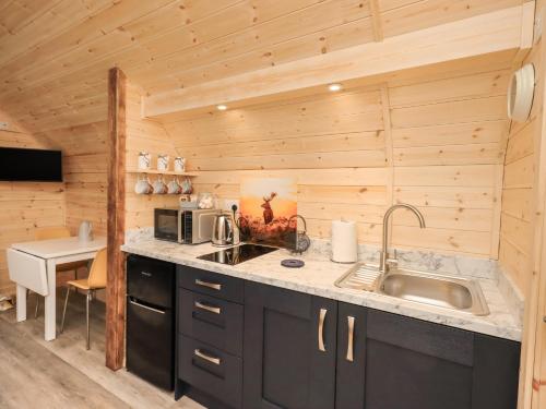 cocina con fregadero y encimera en The Stag - Crossgate Luxury Glamping, en Penrith