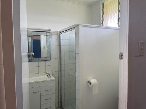 a bathroom with a shower stall and a toilet at Maryborough Motel and Conference Centre in Maryborough