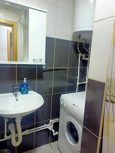 a bathroom with a washing machine and a sink at Apartmani Momčilo in Žabljak