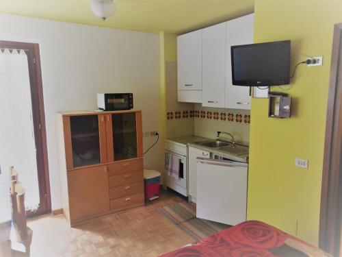 uma cozinha com um lavatório e uma televisão na parede em Il nido di Asia CIR N0310 em Breuil-Cervinia