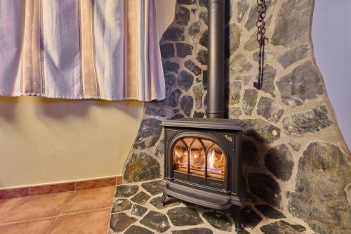 a fireplace in a room with a stone wall at Aparthotel Areu in Areu