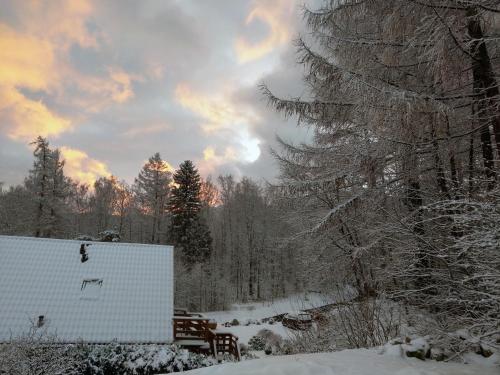 a snow covered field with a barn and trees at Apartamenty Martushka in Karpacz