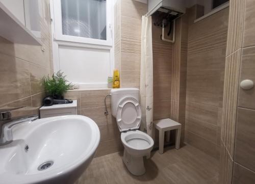 ein Badezimmer mit einem weißen WC und einem Waschbecken in der Unterkunft Zagreb Creative Apartments APP 5 in Zagreb