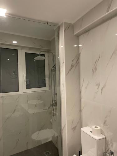 a white bathroom with a shower and a toilet at Varvitsiotis Studios in Kalavrita