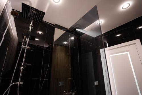 a bathroom with a shower with a light on the ceiling at Deluxe Aparthotel MARWELL RESIDENCE in Suceava