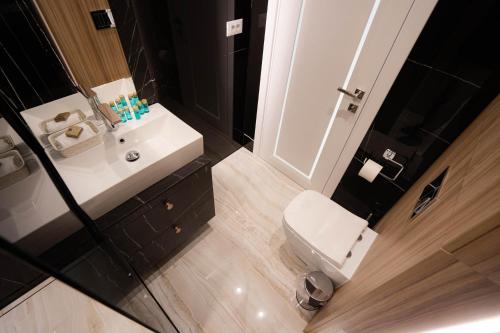 a bathroom with a white toilet and a sink at Deluxe Aparthotel MARWELL RESIDENCE in Suceava