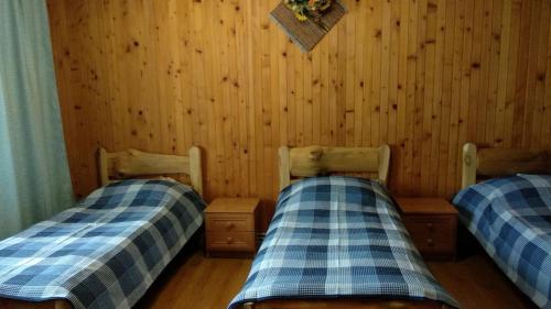 two beds in a room with a wooden wall at Kray Dorogy in Yaremche