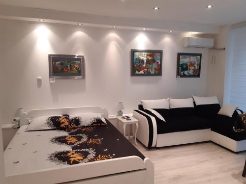 a living room with a couch and a bed at Djakuzi Viktorija in Belgrade