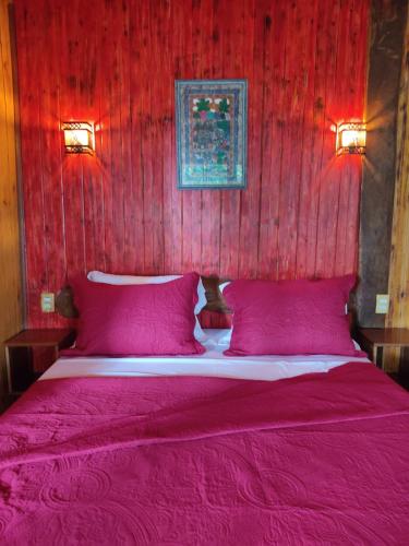 a red bedroom with a bed with red sheets and pillows at Pousada Alfa e Ômega in Alto Paraíso de Goiás