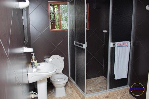 ein Bad mit einem WC, einem Waschbecken und einer Dusche in der Unterkunft Hotel Finca Londres in Villeta